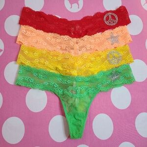 VTG VS PINK 4pk Rainbow Bling Lace Extra Low Rise Thong Panties Size Sm